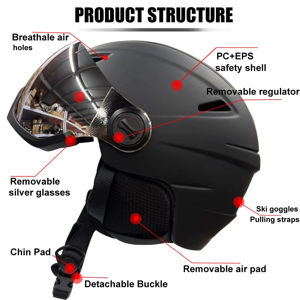 Professional Skiing Helmet with Goggles Integrally-Molded PC+EPS High-Quality Ski Helmet Outdoor Adult Sport Ski Snowboard Skateboard Helmets Winter Sport Accessories