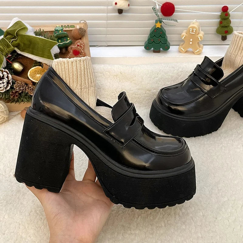 Leather Women's Platform Loafers Gothic Black Chunky High Heels Pumps Woman Preppy Style Jk Uniform Shoes Mujer