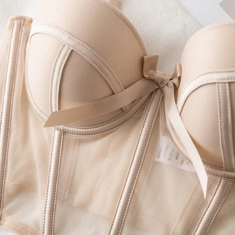 NEW Arrivals 2 PCS Set Black/Skin Color Lace Bra Sexy Mesh Underwear Women Hollow Out Shape Half Cup Soft Bralette Anti-Sag Push Up Bow Thicken Women Underwear Set