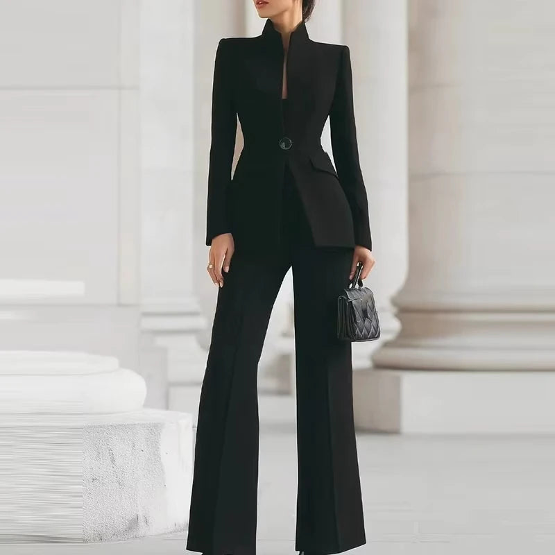 5 Colors 2 PCS Set S-2XL UK Size Elegant Long Sleeved Blazer + Pants Suit Autumn Spring Simple Solid Color Commuting Outfit Women's Temperament Slim Fit Professional Set