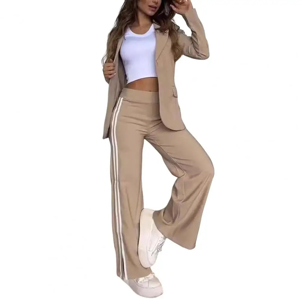 2 PCS Set S-3XL UK Size 5 Colors Women's Blazer Formal Coat Pants Set Autumn Winter Long Sleeves Jacket Loose Striped Wide Leg Casual Suit Outfit Girls Ladies Fashion Apparel Supplies