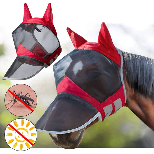 Summer Horse Equestrian Full Face Masks Anti-Mosquito Sunshade Breathable Stretch Knit Mesh Fabrics Equestrian Equipment