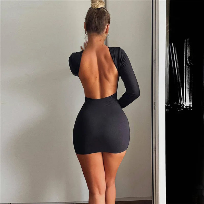 NEW Arrivals Khaki/Black Autumn Fashion Sexy Open Back Solid Slinky Female Mini Dress Evening Night Club Party Outfits Long Sleeve Round Neck Bodycon Dresses Ladies Girls Sexy Fashion Clothing Supplies
