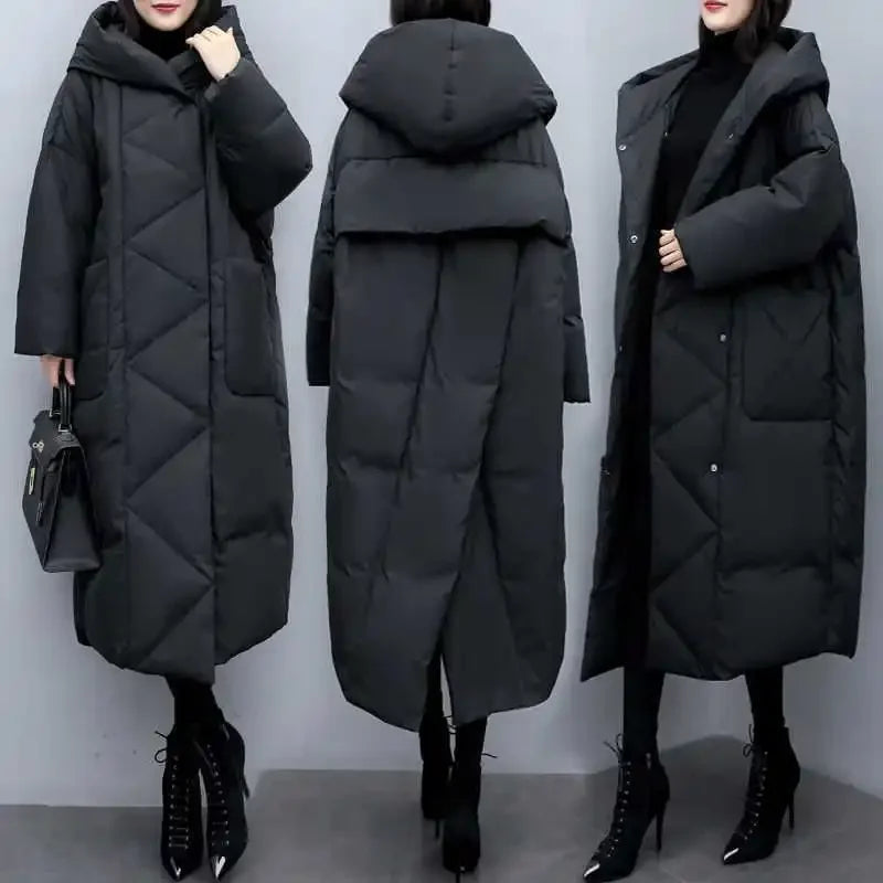 UK Size S(8)-3XL(20) Long Thick Parkas Zipper Hooded Spliced Jackets Women Maxi Warm Loose Coats Pockets Autumn Winter Y2K Coat Warm Parkas Coat