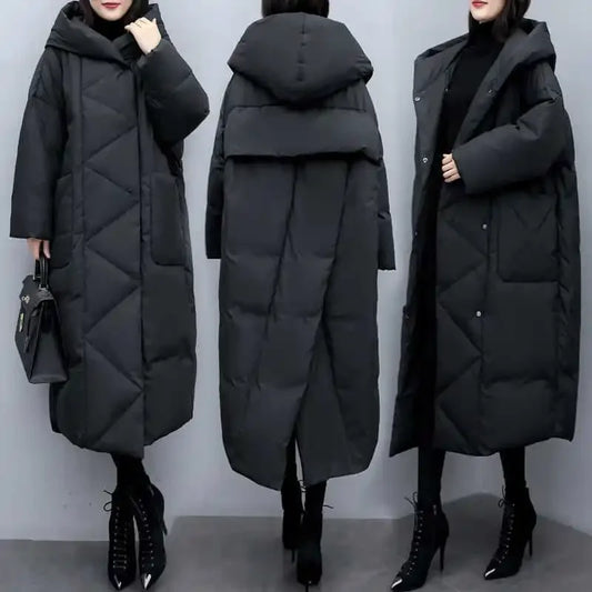 UK Size S(8)-3XL(20) Long Thick Parkas Zipper Hooded Spliced Jackets Women Maxi Warm Loose Coats Pockets Autumn Winter Y2K Coat Warm Parkas Coat