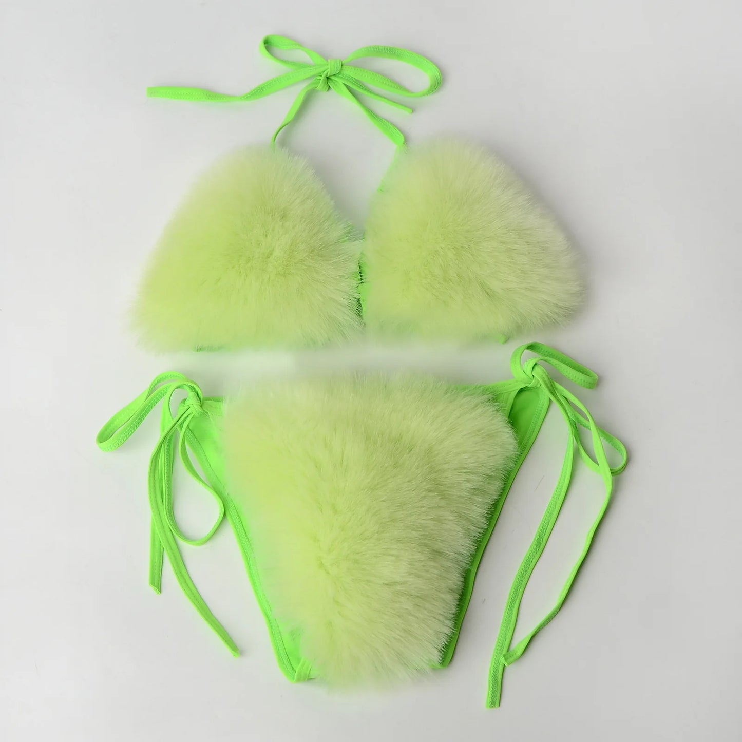 Women Fake Fox Fur Two Piece Swimsuits New Solid Bra Underwear Split Triangle Sexy Bikini Set Faux Fur Swimsuit Plush Swimwear