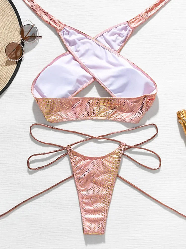 NEW Arrivals 2PCS Set UK Size Silver/Pink/Golden Snake Skin Sexy Mini Micro Thong Bikini Women Swimwear Female Swimsuit Bikini Set Halter Wrap Around Bathing Sexy Girls Suit Swim Beach Wear