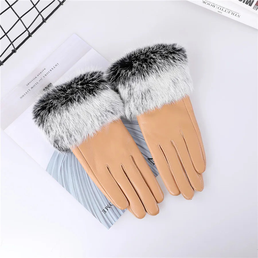 New Arrivals Women's Luxury Real Sheepskin Leather Gloves With Real Natural Rabbit Fur Cuffs Female Formal Evening Party Business Dinner Warm Gloves Fleece Lining Touch Screen Gloves Ladies Luxury Fashion Apparel Accessories