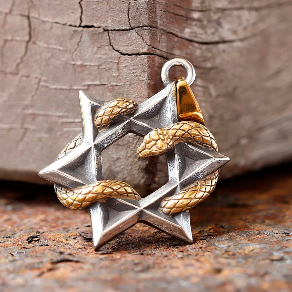 New Design 316L Hexagram Stainless Steel Five-Pointed Star Snake Pendant Necklace with Chain For Women Men Cool Gothic Punk Animal Jewelry Accessories