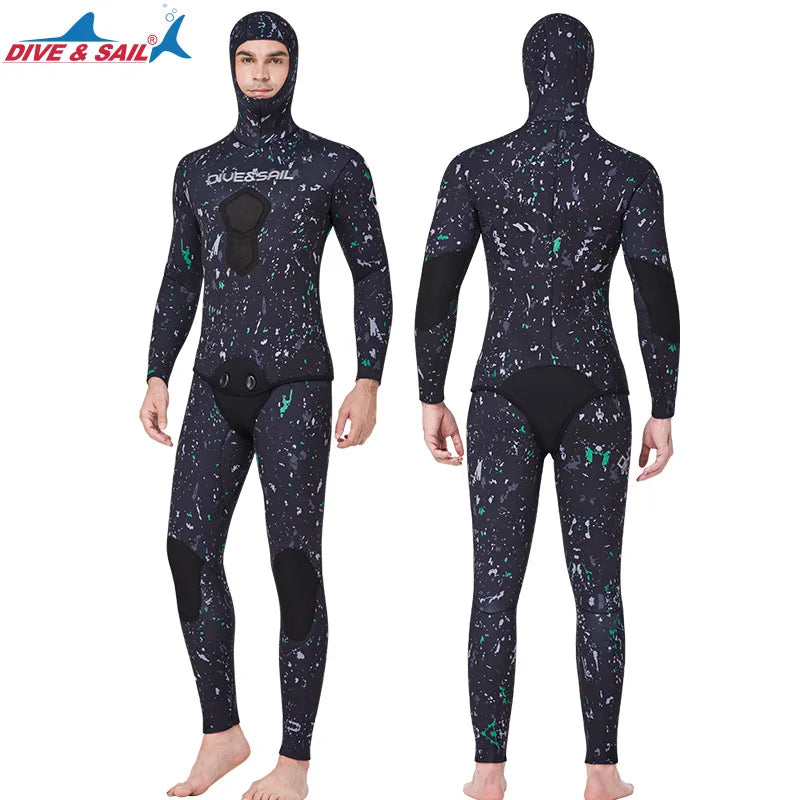 7MM Neoprene Material Thick and Warm S-3XL Extra Plus Size Women Men Wetsuit Top Quality Hooded Split Professional Thermal Diving Suit Water Sports Kitesurf Spearfishing Snorkeling Surfing Suit