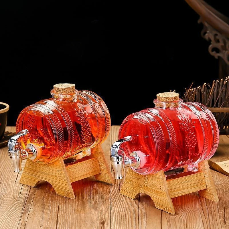 1000ML Full Set Glass Whiskey Barrel Wine Barrel Beer Bottle Fruit Aging Alcohol Honey Storage Container With Base Faucet Bar Set Home Bar Pubs Restaurants Barware Accessories