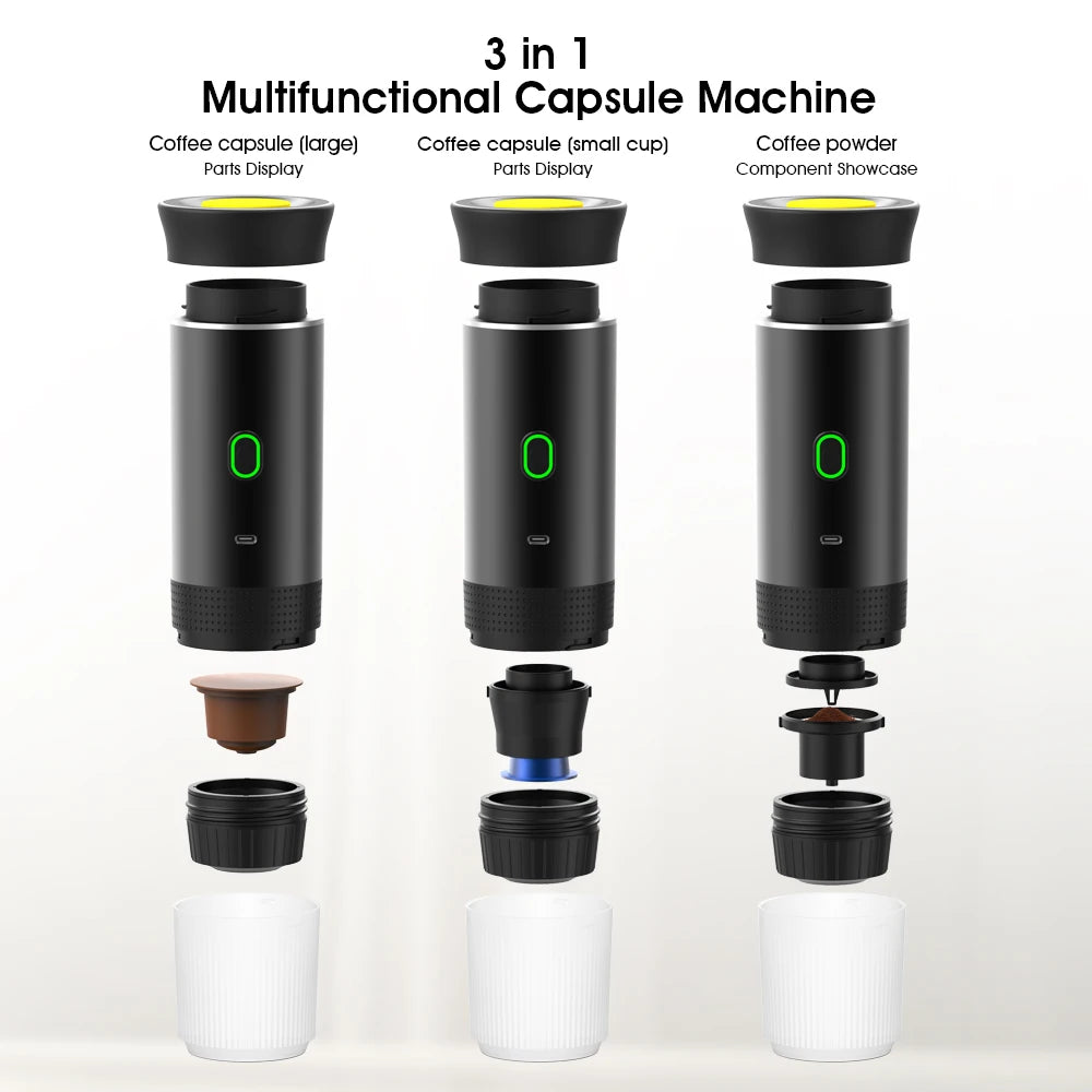 Wireless Electric Portable Espresso Coffee Machine for Car & Home Camping Beach Picnic Coffee Maker 3-in-1 Set Capsule Powder Travel Coffee Maker