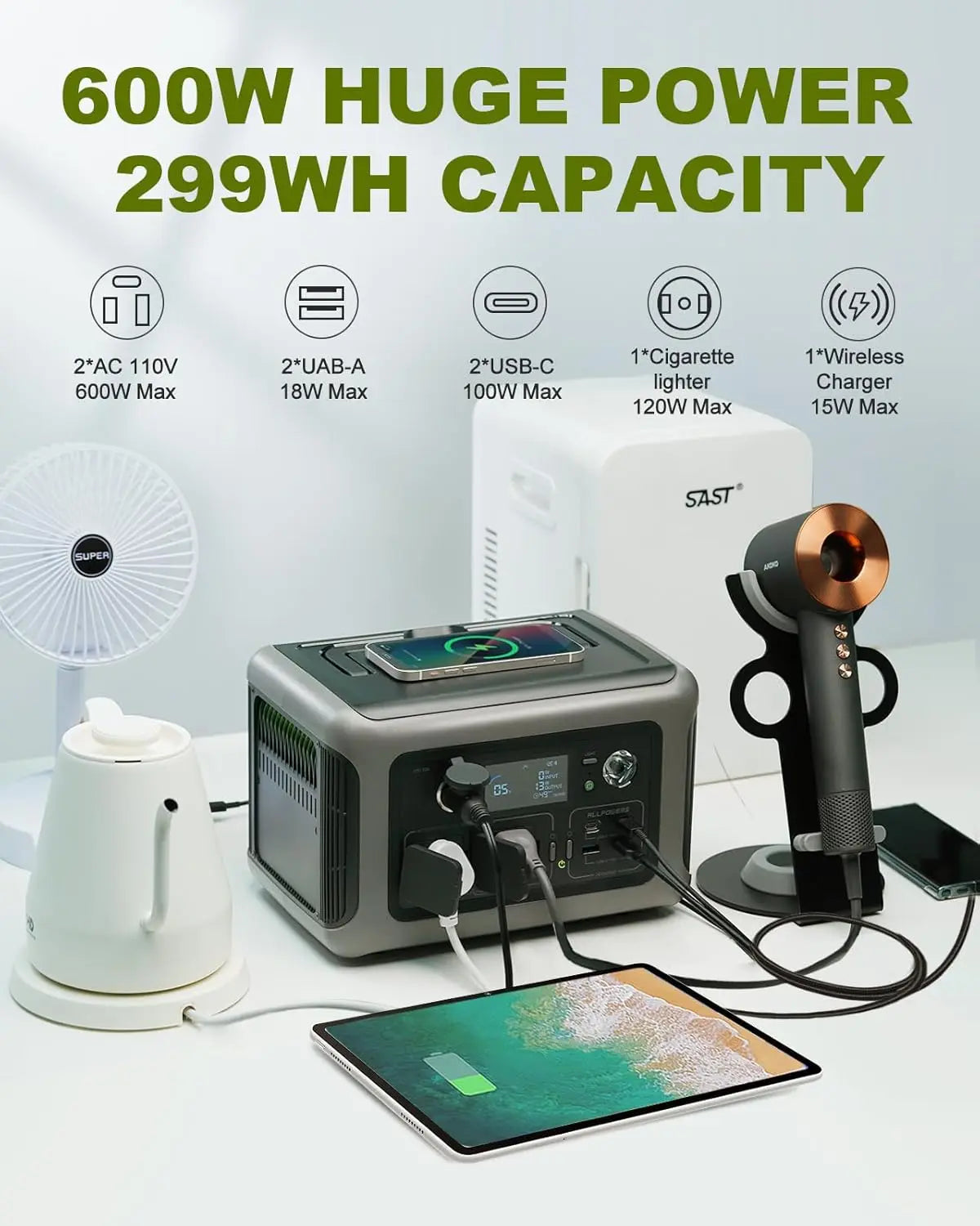 UK Plug  Portable Power Station R600, 299Wh LiFeP04 Battery with 2x 600W (1200W Surge) AC Outlets for Outdoor Camping RV Home