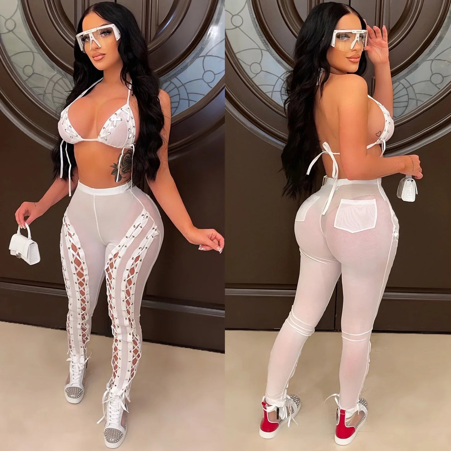 NEW 2 PCS Set  Fashion Women's Sexy Solid Color Mesh Perspective Hollow Sleeveless Tank Top Pants Sexy Evening Party Night Clubwear See Through Suit