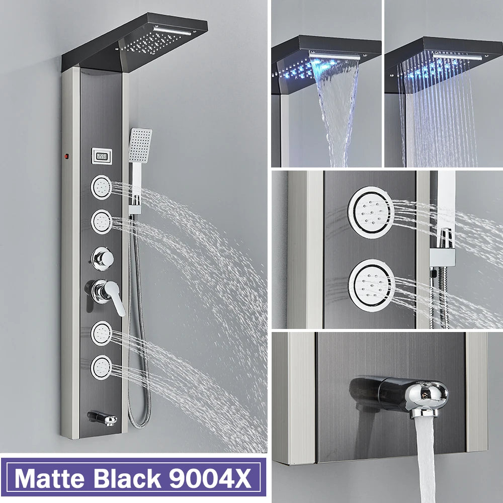 Silver Nickel and Black Color Luxury Massage Spa Shower Column LED Lights Rainfall Bathroom Faucet with Massage Jet Bath Panel System  5 Modes Waterfall Hot Cold Mixer Tap Home Hotels Bathroom Supplies
