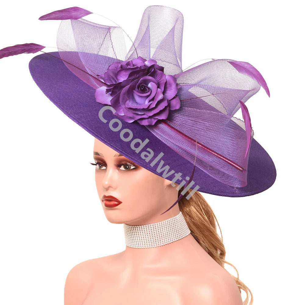 15 Colors Flower Big Royal Ascot Race Ladies Fascinator Luxury Hat Elegant Women Evening Wedding Party Business Dinner Opera Concert Red Carpet Headpiece Bride Wedding Headwear Apparel Accessories