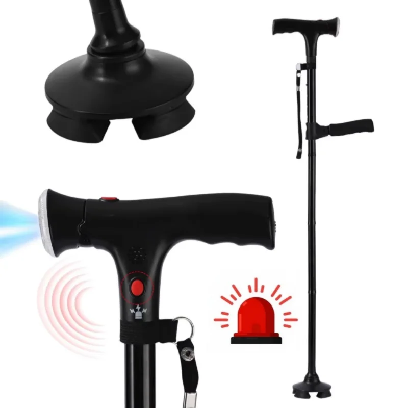 HOT SALE LED Lights +Emergency Alarm SOS Night Hiking Walking Stick Adjustable Height Voice Announcement Non-Slip For Elderly Disabled People Lightweight Aluminum Foldable Outdoor Camping Cane