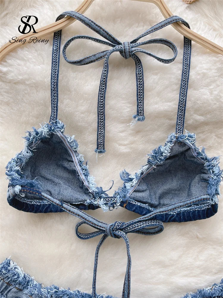 SINGREINY Beach Sensual Denim Sets Women Halter Straps Camis+Raw Edge Mini Briefs Underwear Fashion Lingerie Retro Erotic Suits