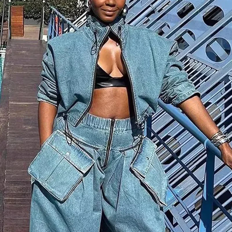 NEW Arrivals S-XL UK Size Dark Gray/Blue Women's Spring New Niche Design Sense Tooling Style Denim Jacket, High Waist Loose Short Denim Stand-Up Collar Zipper Jacket Y2K