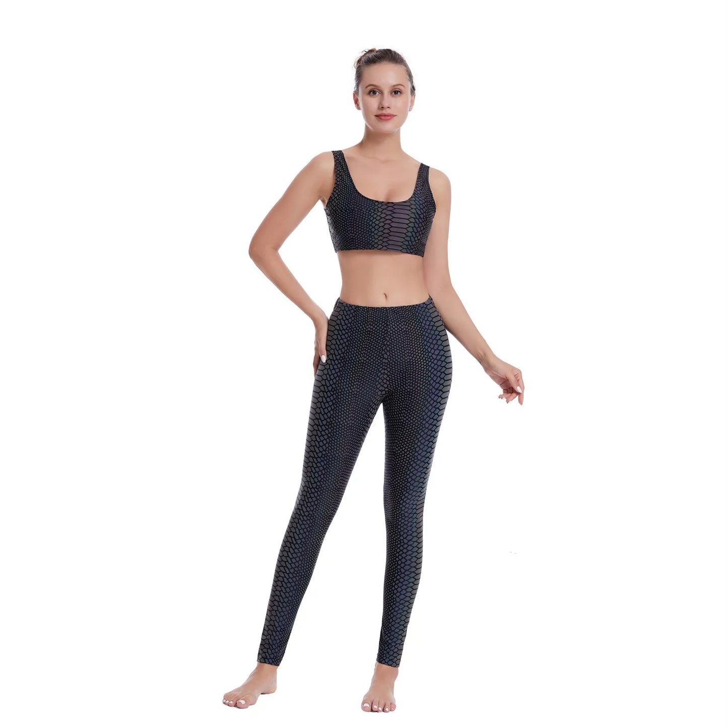 NEW Arrivals Harajuku Japanese Women's Med Waist New Snakeskin Colorful Reflective Ankle Length Leggings Fitness Sports Hip Lift Elastic Pants Night Club Tech-Wear Rave Party Pants