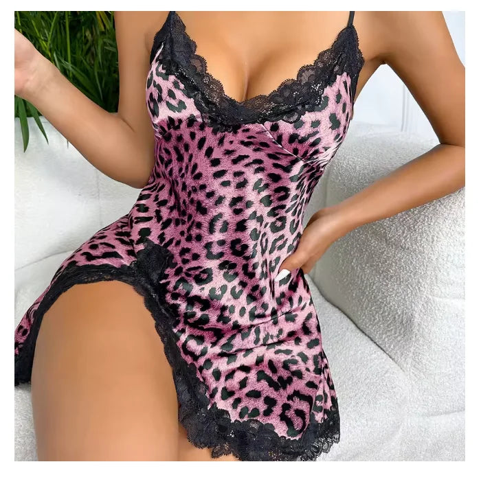 NEW Arrivals S-XL Size 10 Colors/Styles Leopard Silk Satin Women Nightgown Sleeveless Side Split Lace Sleepwear V Neck Sexy Nightwear Female Home Wear Cloth Pajama Dress