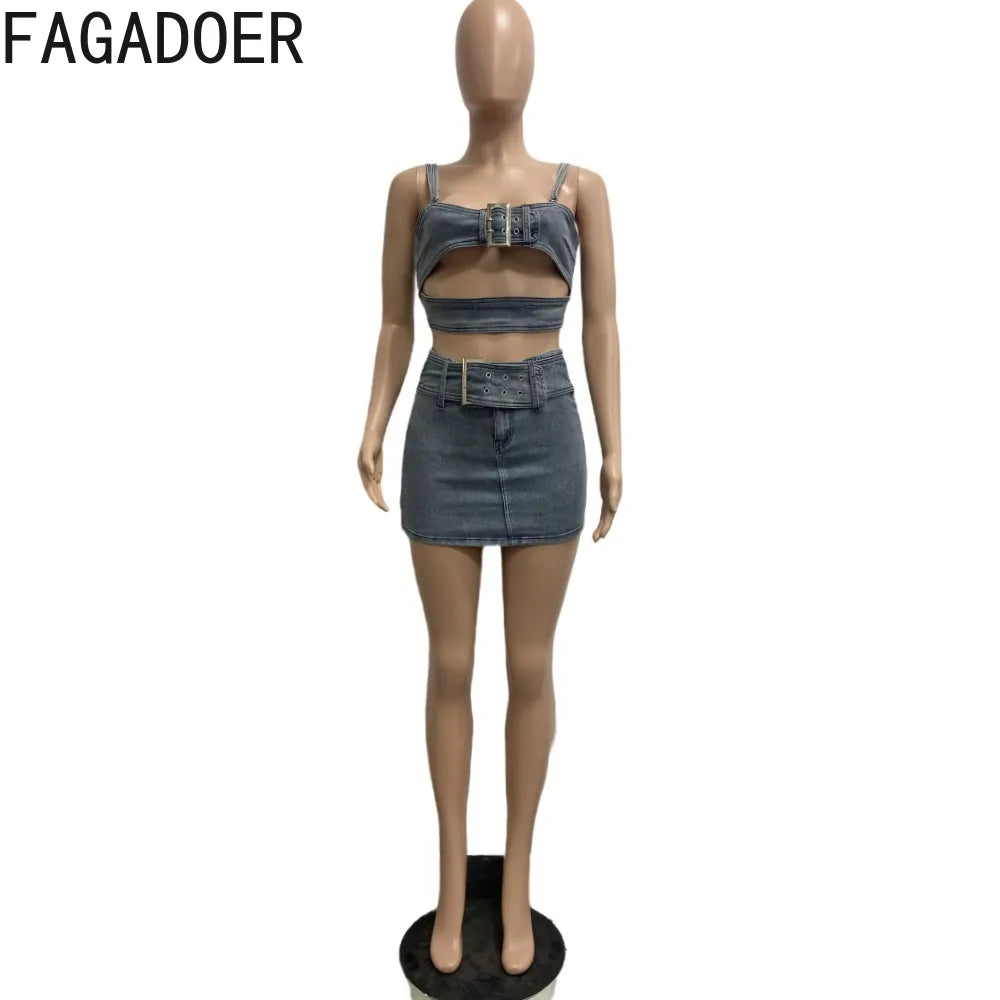 Blue Fashion Hollow Out Elasticity Denim Two Piece Sets Women Thin Strap Sleeveless Tank Top And Skirts Cowboy Outfits