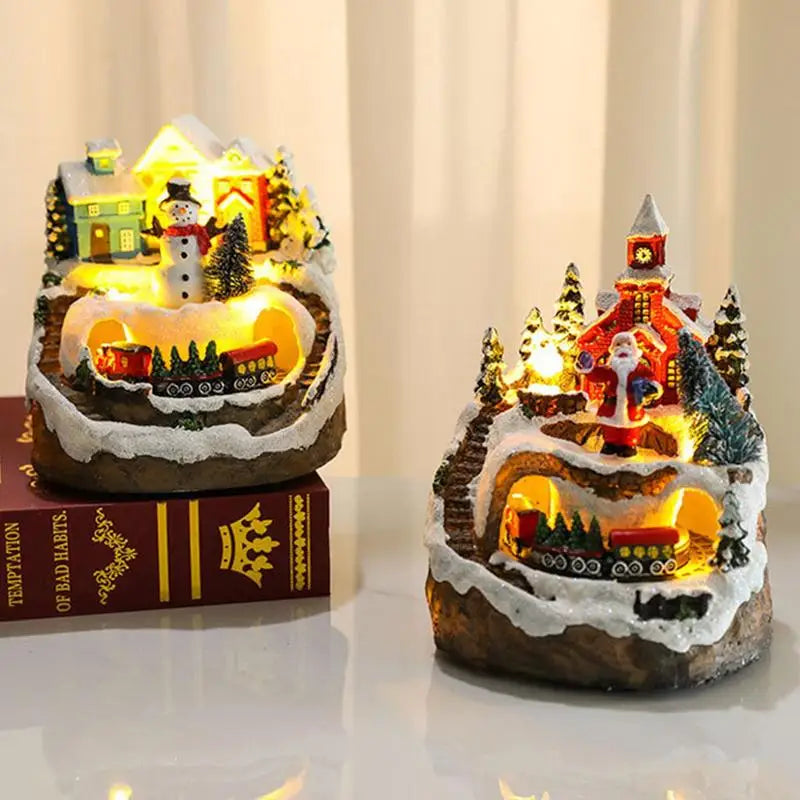 Christmas Luminous Music Snow House LED Rotating Train Lighting  Ornament Crafts Resin Christmas Tree Decorations Xmas New Year Gift
