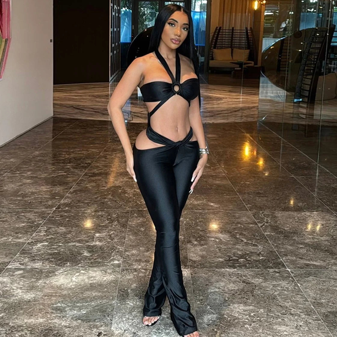 Low-Price Sales are Limited 2PCS Luxury Set Sexy Bandage Hollow Out Flare Pants Women Girls Clothes Night Club Party Evening Beach Party  Black Bikini Top- Pants Suit Outfits Streetwear Female Ladies Luxury Sexy Fashion Cloth