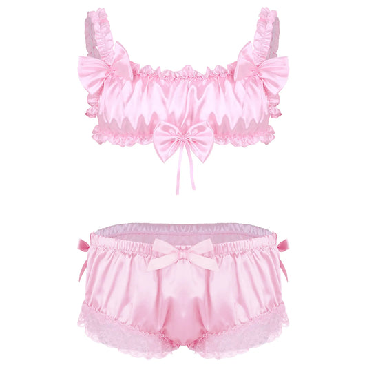 Men's Sissy 2 Pieces Lingerie Set Satin Frilly Ruffled Lace Crop Top Bra Tops with Floral Lace Bowknot Briefs Panties Nightwear