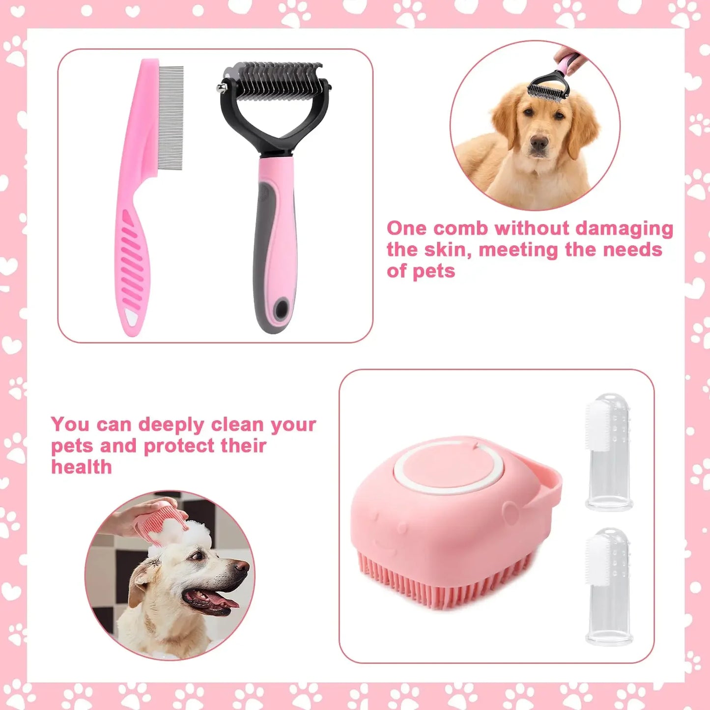 Self-Cleaning Grooming Set with Pet Nail Clippers and Files, Flea Comb, Shampoo Bath Brush, 8 Pcs