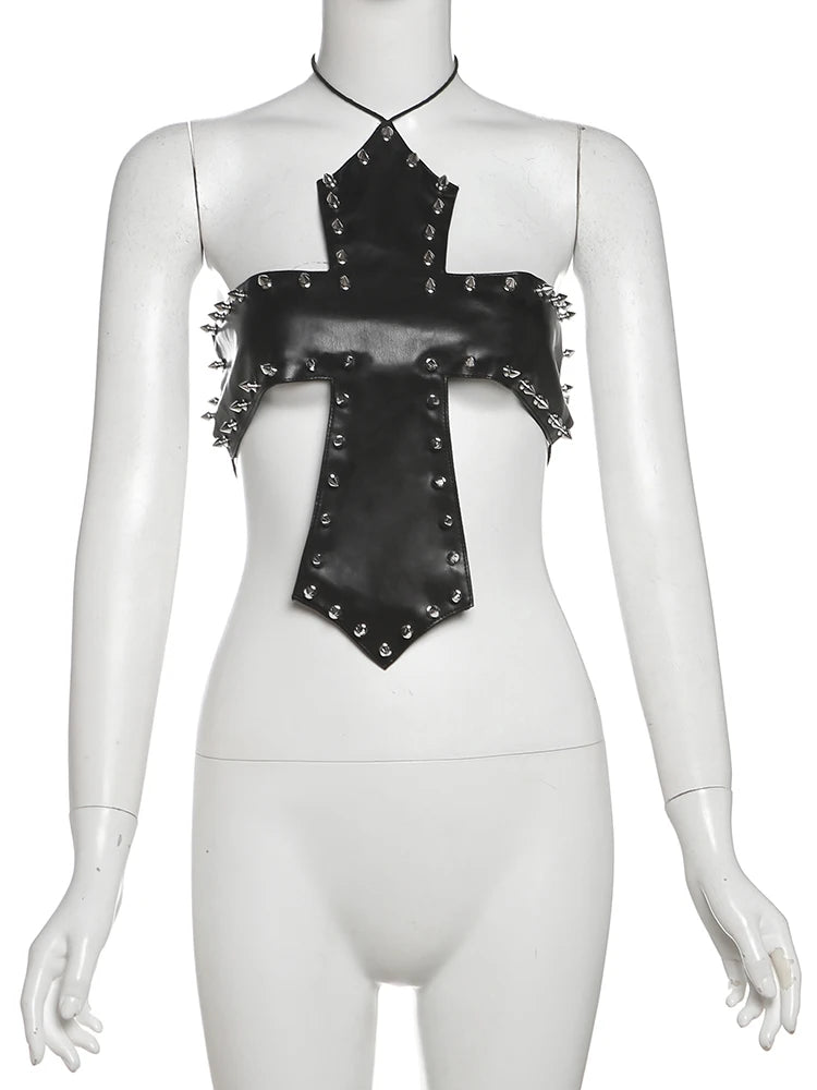 Wild Backless Y2K Top Quality PU Leather Gothic Vest Women Sexy Rivet Halter Bandages Coquette Midnight Party Nigh Clubwear Evening Rave Dance  Street Skinny Tank Top