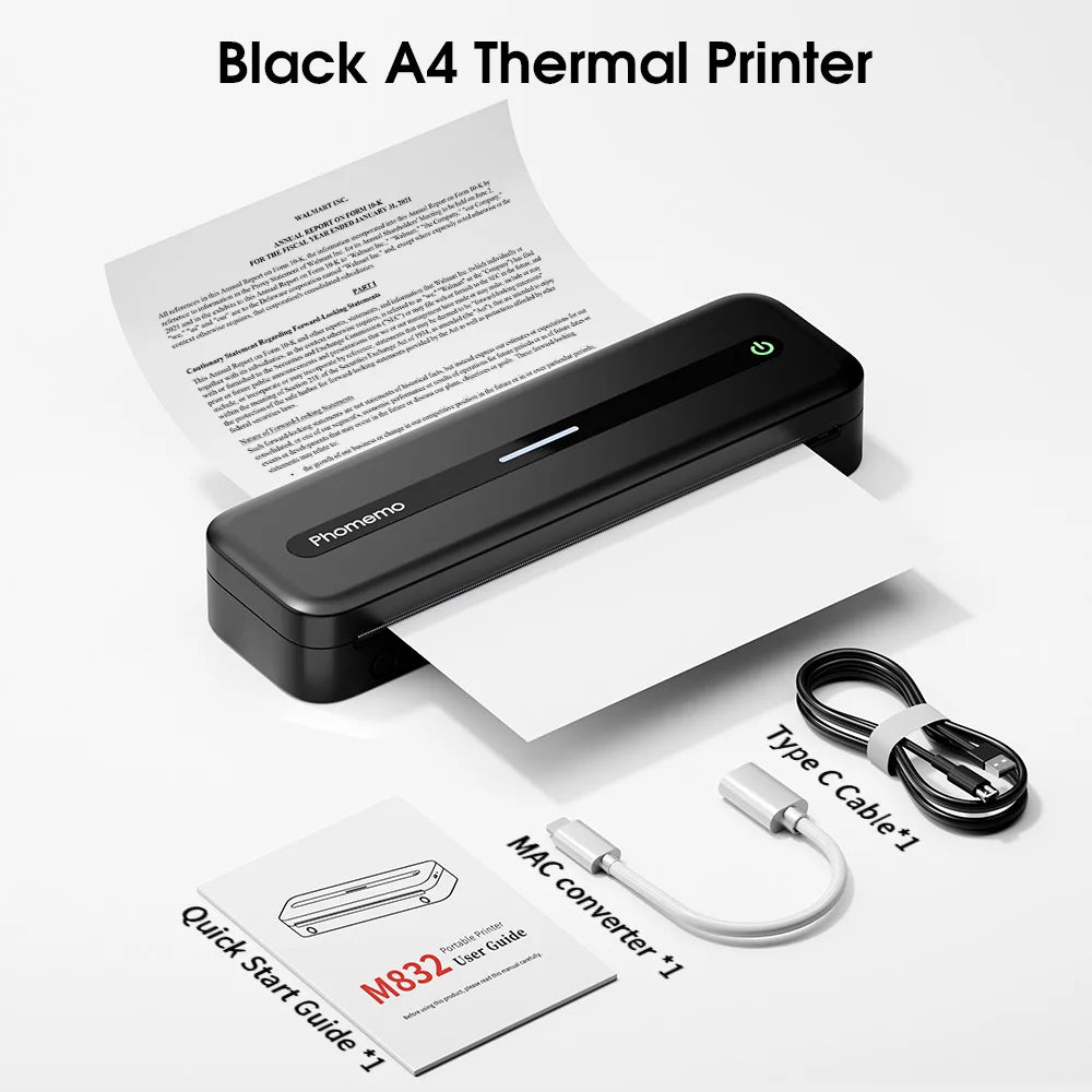 Original PHOMEMO Inkless Printer M832 Portable Printer Wireless Bluetooth Thermal Printer Support Letter A4 5-Size Thermal Paper Mobile Photos Document Office Business Printer