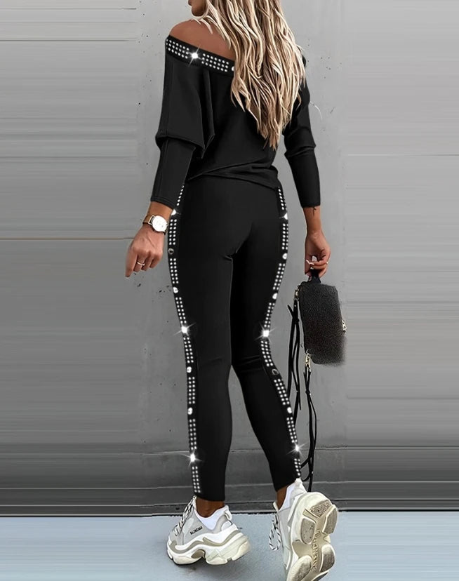 NEW Arrivals Women Female 2PCS Set Evening Party Night Clubwear Outfit Christmas Rhinestone Wine Glass Pattern Top & Pants Set All Seasons Suit Ladies Girls Streetwear Casual Fashion Clothing Supplies