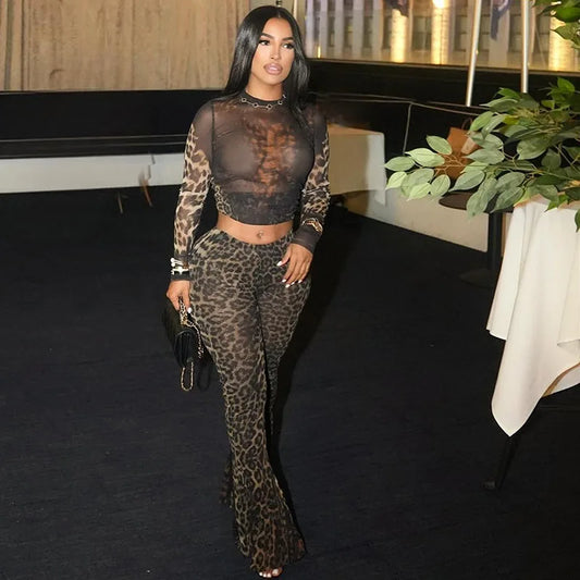 NEW Arrivals 2PCS Set Cheetah Women  Matching Long Sleeve O-Neck Crop Tees and High Waist Slim Pants Leopard Sets Sexy Female Evening Nightclub Party Outfits Girls Ladies Luxury Fashion Clothing Supplies