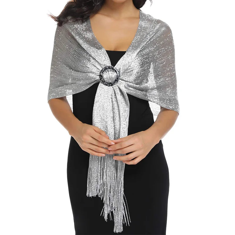 Sparkling Metallic Scarf with Buckle Female Evening Party Shawl Elegant Gold Silver Shiny Shawls for Bridal Wedding Wraps