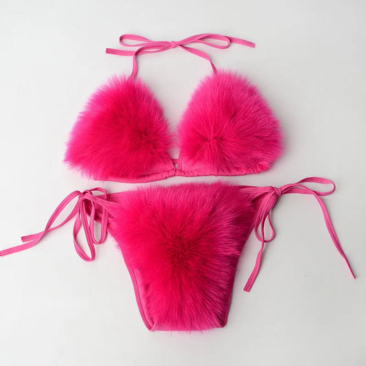 Women Fake Fox Fur Two Piece Swimsuits New Solid Bra Underwear Split Triangle Sexy Bikini Set Faux Fur Swimsuit Plush Swimwear