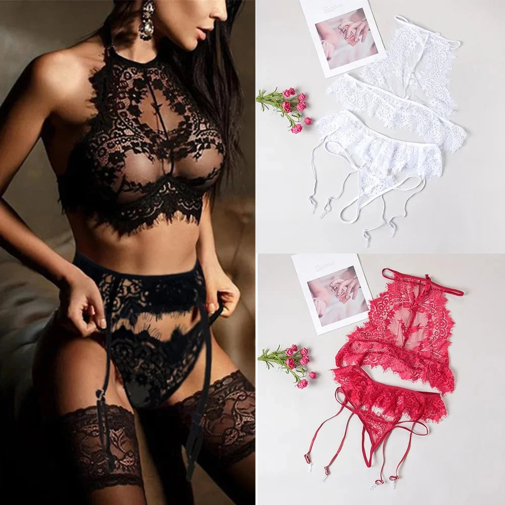 S-2XL White/Black/Red Color Sexy Lingerie Suit Women's Sexy Lace Halter Bra Set Full Chest Print Three-Point Perspective Lingerie Night Beautiful Underwear