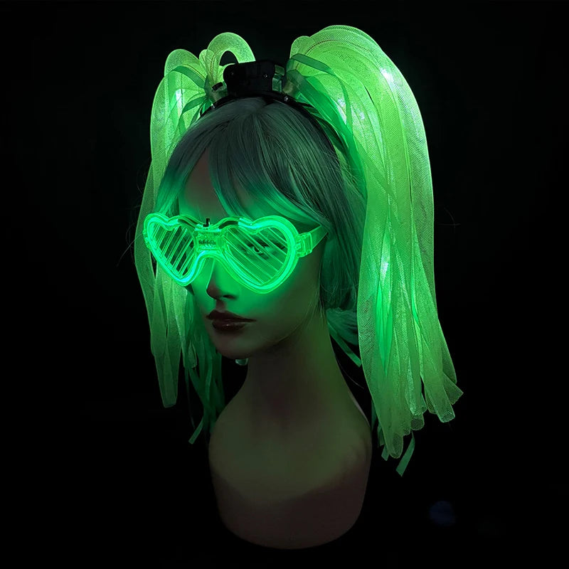 2 PCS Set Headbands + Glasses Rave Party  Luminous Flashing Noodles Headband Light Up Braid Headband Girl Women Bar Club Night Show Headwear Supplies
