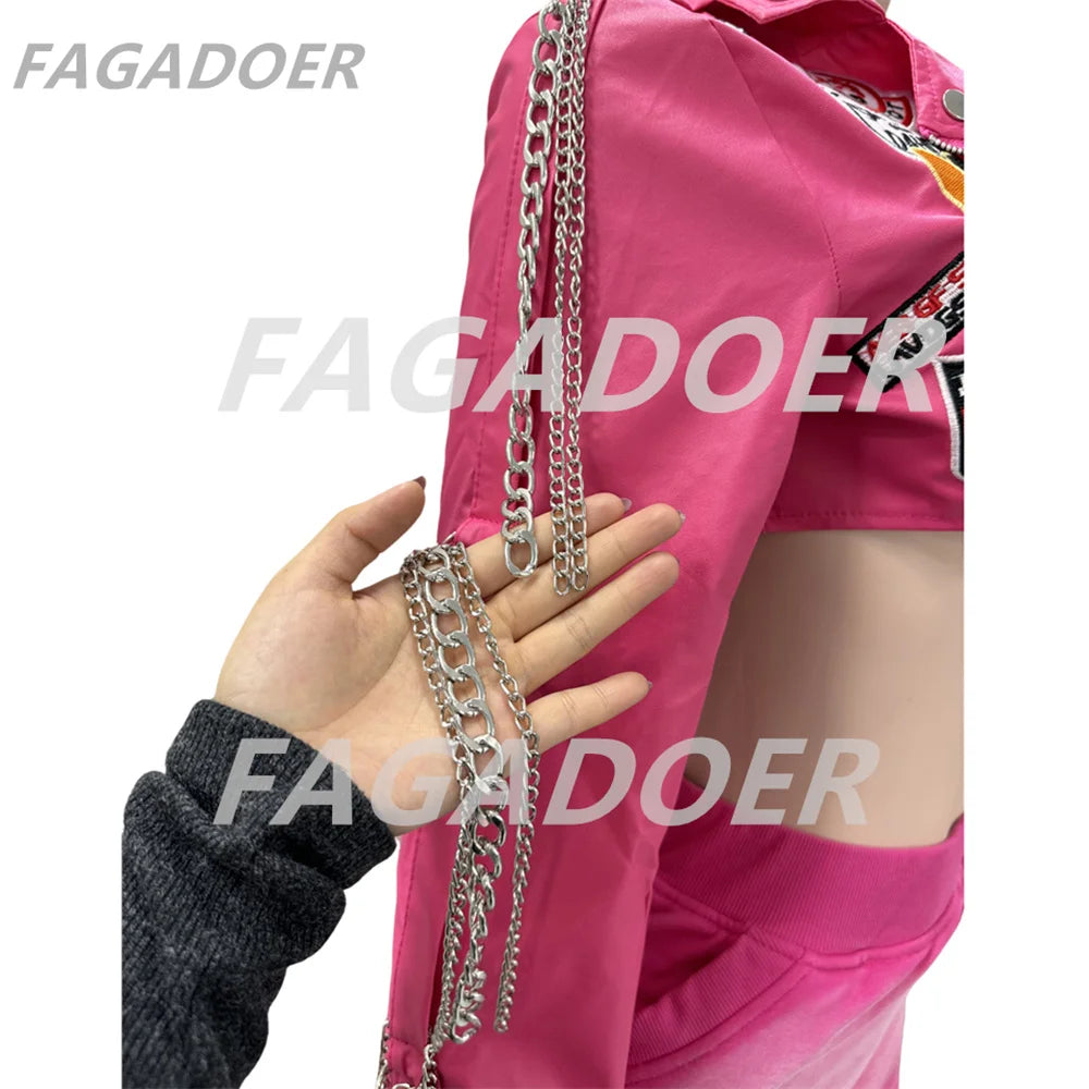 NEW Arrivals Y2K Rose Pink Leather Jacket Women Punk Moto Coat Lapel Chain Patchwork Cropped Jackets Hot Girl Autumn Winter Outwear