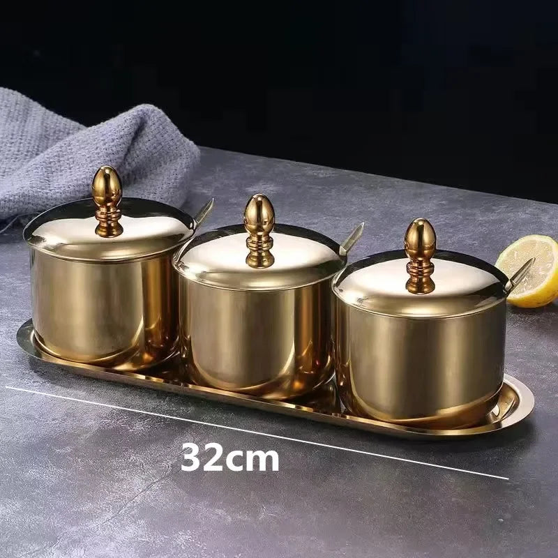 NEW Arrivals 2/3/4 Sets Luxury Golden 304 Seasoning Box Bottle Glass Pot Cap with Spoon Flavoring, Holder Rack Tank Sauce Spice Jar Salt Soy Storage Box Kitchenware Preparing Cooking Tools
