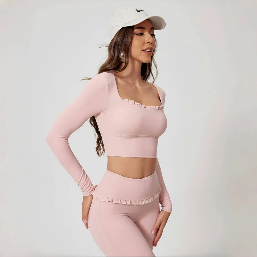 2PCS Set S-XL 6 Colors Naked Square Neck Yoga Set Sports Fitness High Waist Nude Quick-drying Long-sleeved Outdoor Running Workout Clothes Gym Suit
