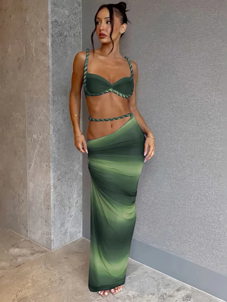 NEW 2PCS Set S-XL UK Size 12 Colors Italian Design Square Collar  Women Bra +Skinny Long Skirts Bandage Ruched  Summer Vacation Beach Party Trend Suits