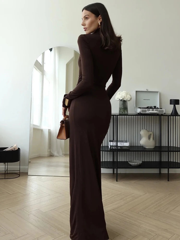 NEW Arrivals UK Size Brown/Black Color Turtleneck Thigh High Split Sexy Maxi Dress For Women Fashion Long Sleeve Draped Bandage Bodycon  Evening Party Night Club Long Dress