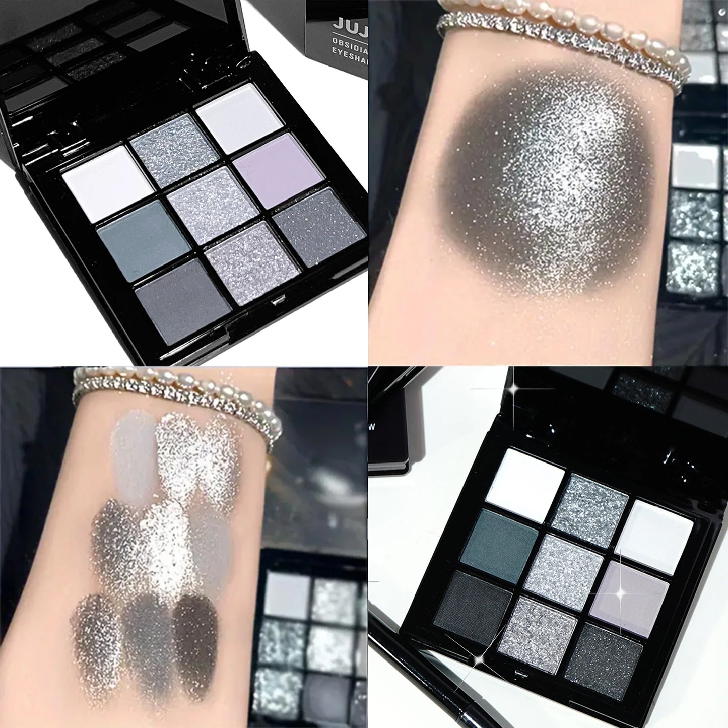 9-Shades Eyeshadow Palette: Black Swan, Smoky, Dark Black, Grey Silver Glitter, Matte Finish, Long-Lasting, and Easy to Color Women Cosmetic Supplies