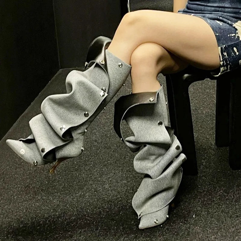 Just Arrived 7 Colors High Heel Long Boots for Women Botte Winter Boots Shoes Botas Mujer Thin Heeled Pointed Leather Denim Metal Button Shoe s Women Casual Apparel Accessories