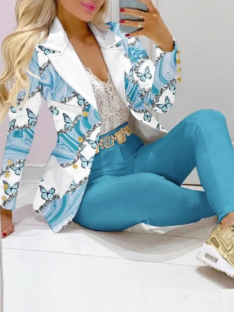 NEW Arrivals 2PCS Set 12 Patterns/Colors Autumn Winter Luxury Italian Suit Long Sleeve Blazer Women's Suit Fashion Color Matching Slim Elegant Female Office Lady Night Business Suit Ladies Luxury Fashion Clothing Supplies