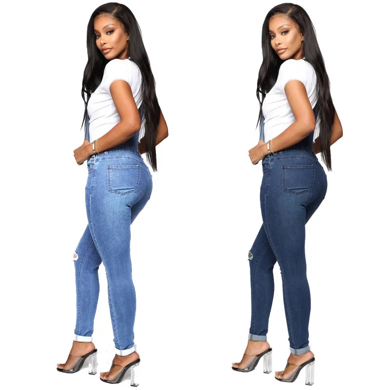 New Arrivals Woman Ripped Denim Jumpsuit Fashion Casual Sling Pants Jeans Jumpsuit S-2XL Global Girls Casual Fashion Apparel Supplies