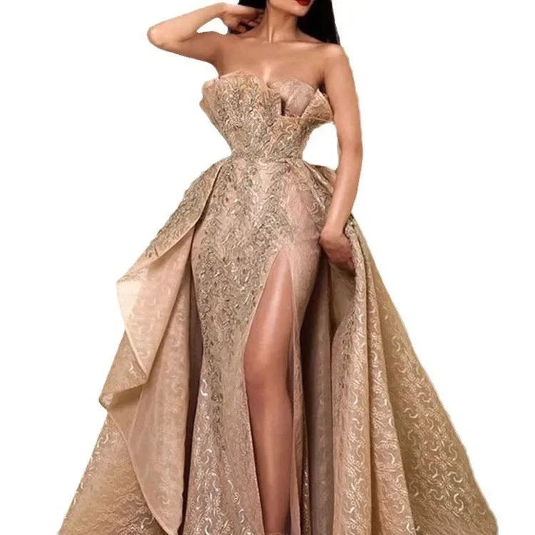 NEW Arrivals S-3XL Plus Size Women's Clothing Luxury Gold Dress Sexy Strapless Long Dress Elegant Evening European American Foreign Trade Evening Formal Wedding Guest Maxi Dress