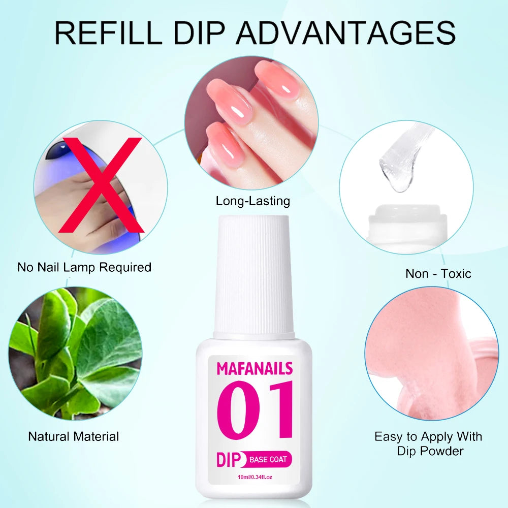 10ml Dip Powder Gel Liquid Base,Activator,Top,Brush Saver Dipping Powder Gel, 4 IN1 No UV Lamp Need Nail Pedicure Natural Dry Gel