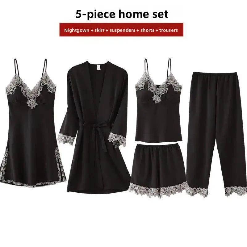 NEW Arrivals S-3XL Plus Size 5PCS Set 4 Colors Silk Feel Luxury  Pajamas Set Chubby Women's Nightgown Lingerie Sleepwear V Neck Home Clothes Fun Adult Toys And Games Ladies Sleepwear Sets